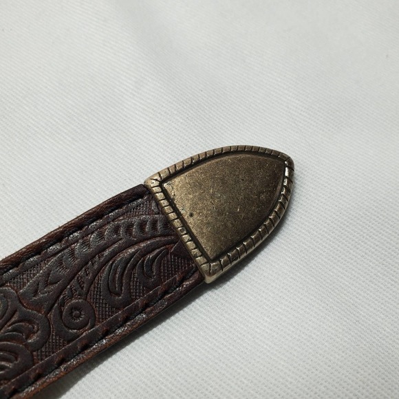 Leather Tooled Cowhide Belt Size 44 Brown With Silver Buckle MAde in The USA - Picture 6 of 11